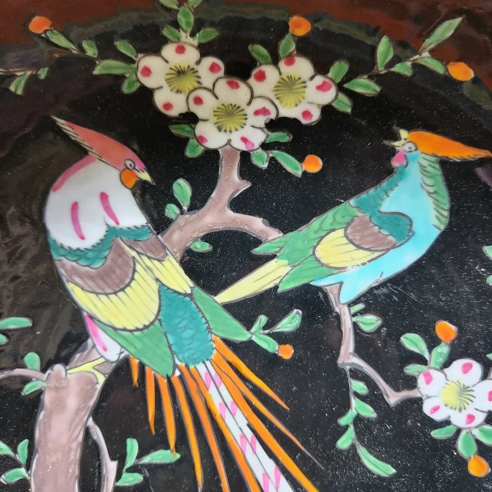 Chinese Famille Noir Porcelain Serving Bowl Birds of Paradise Flower Yellow Trim